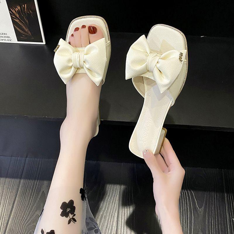 Transparent slippers female sexy bow sandals 2025 summer new fashion open-toe wear high-heeled thick heel half-tow