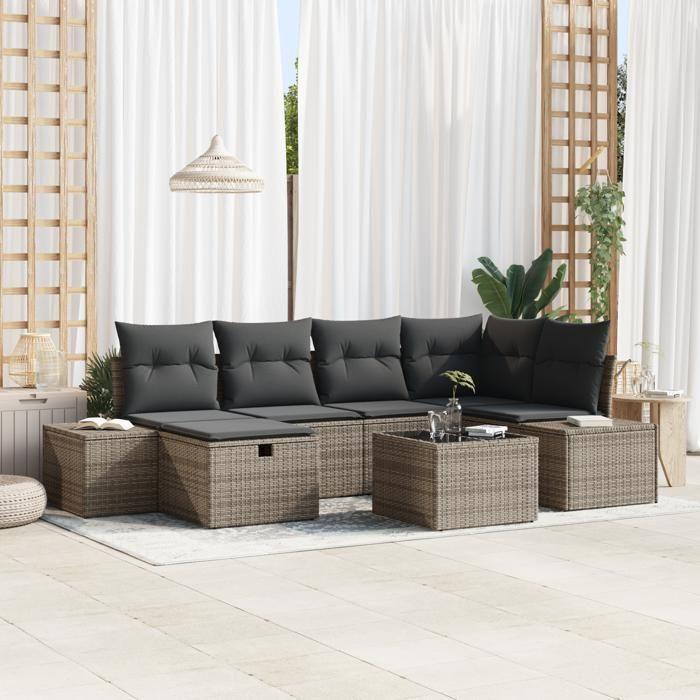 VidaXL Set de canapé de jardin 7 pièces avec coussins gris en poly rotin 3360720