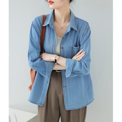 Blue Denim Women's Shirt Jacket, Autumn 2024 New Korean Retro Hong Kong Style Design