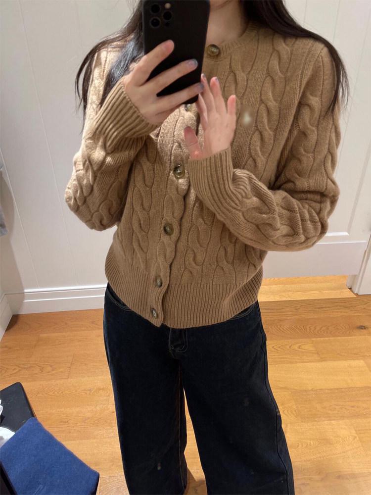 Korean Style Embroidered Pony Logo Knit Cardigan, Versatile Autumn Winter Round Neck Cable Sweater for Women