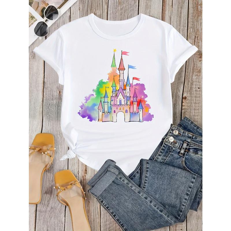 Watercolor Castle Print T-Shirt - Soft Round Neck Blouse Top with Medium Stretch Suitable for Parties & Casual Attire, Machine Washable Casual Blouse