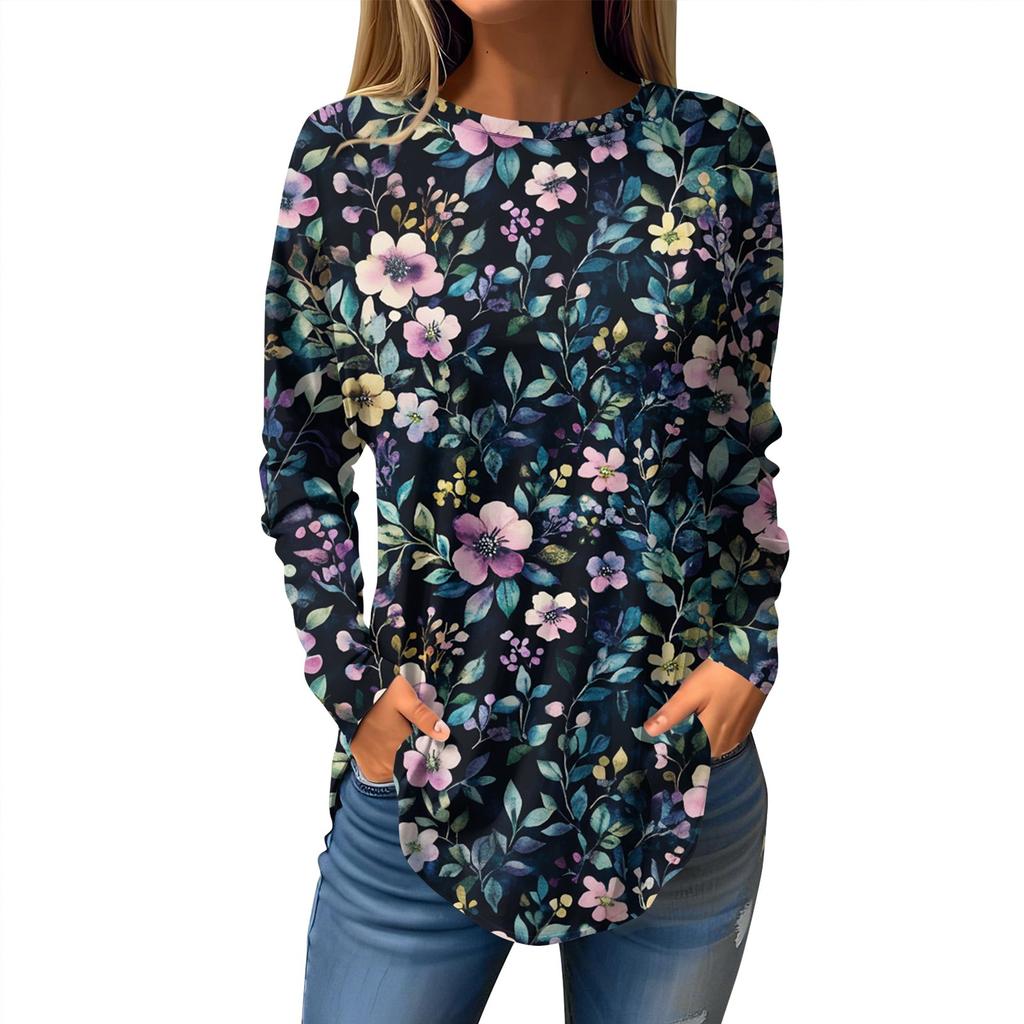 Women's Loose Casual Printed Round Neck Long Sleeved T Shirt Top Pullover Long Sleeved Sweatshirt