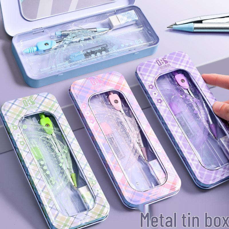 Fruit-Themed Student Stationery Set: Compass, Ruler, Square for Exam & Drawing, 7-Piece Tin Box