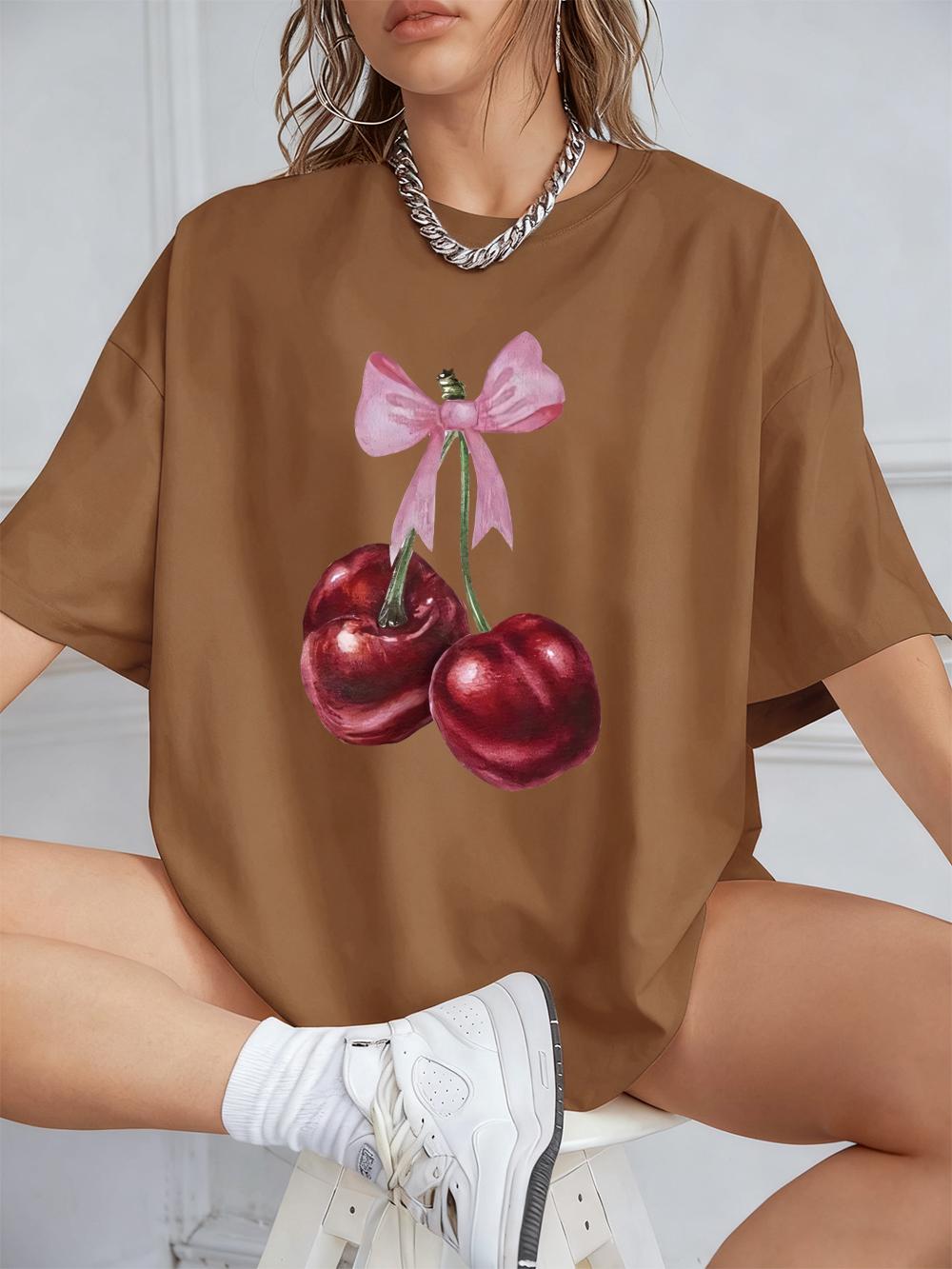 

Розовый Бант Красные Вишни Принты Футболки Женские Хлопок Лето Короткий Рукав Топы Удобные Мягкие Круглый Вырез Футболка Повседневная Женская Одежда S