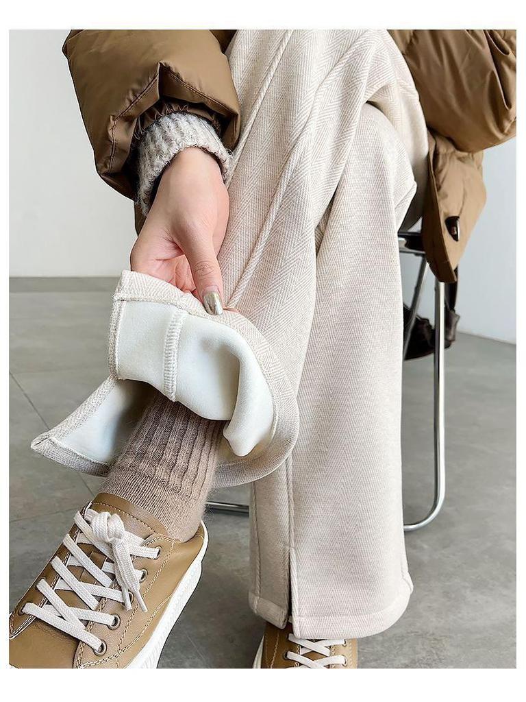 Damen 2024 Fischgrät Wollfleece-gefüttert Geschlitzte Straight-Leg Hose für Herbst/Winter Freizeitkleidung