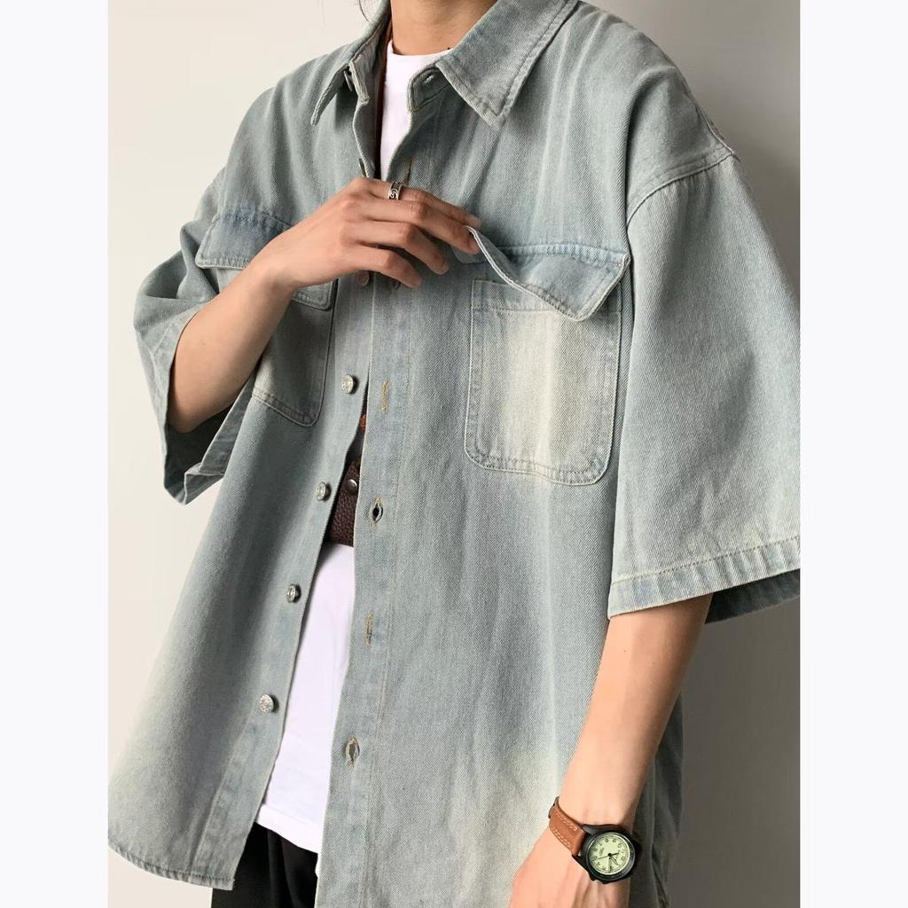 Unisex Japanese Retro Washed Denim Shirt - Short-Sleeved Distressed Summer Jacket