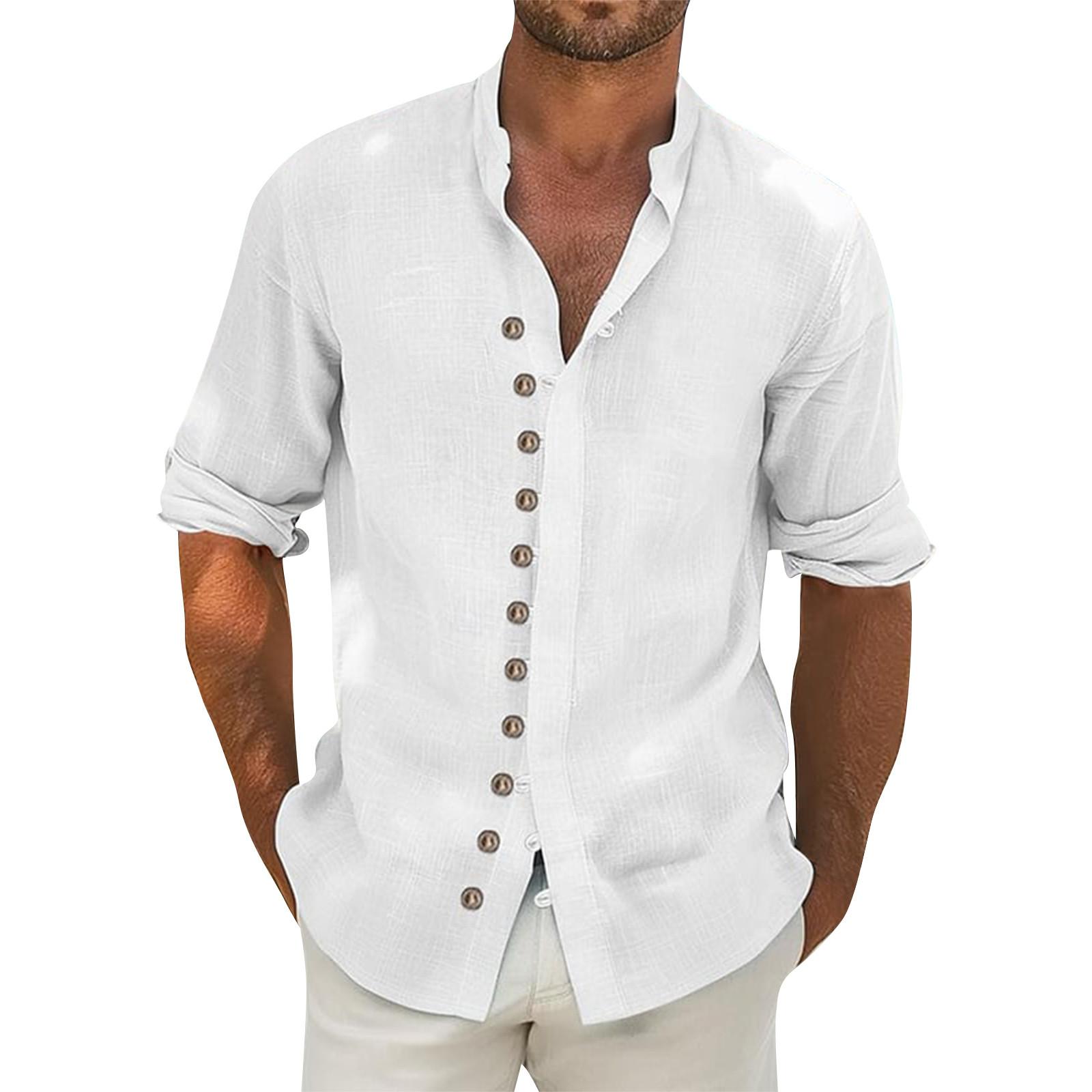 

Мужская ретро повседневная свободная рубашка с короткими рукавами и принтом, модный топ с воротником-стойкой XL белый