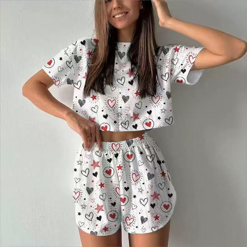 Europäischer und Amerikanischer Sommer Damen Bedruckter Kurzarm Shorts Pyjama Set
