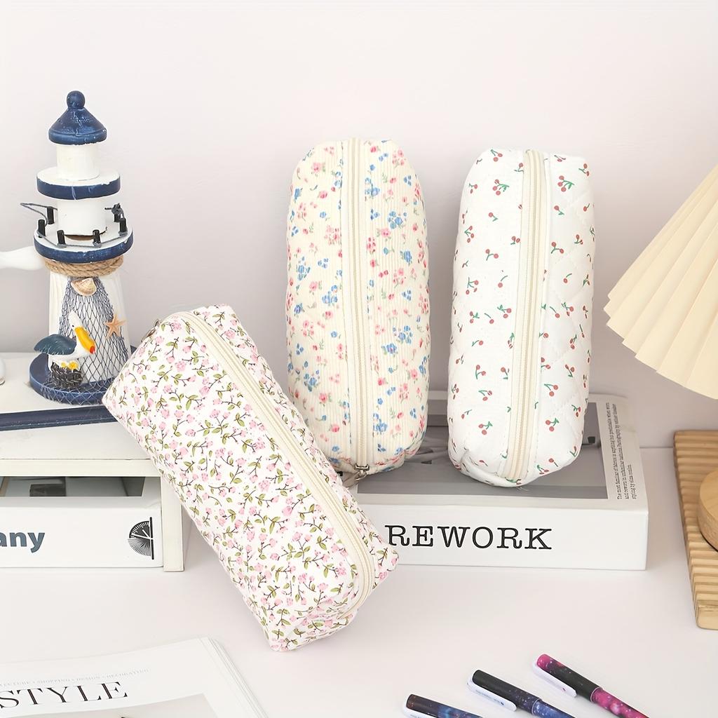 Gentle Style Plaid Design Stationery Pencil Case, Exquisite Soft Material Bow Floral Pattern Printed Pencil Case and Daily Item Storage Bag
