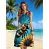Robe midi sans manches à col fendu pour femme avec imprimé abeille et tournesol, Robe décontractée ample pour l'été et les vacances à la plage
