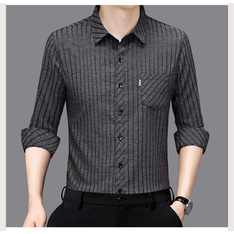 Smooth Anti-pilling Mulberry Silk Men's Long-sleeved Shirt Spring and Autumn New Striped Shirt No Ironing