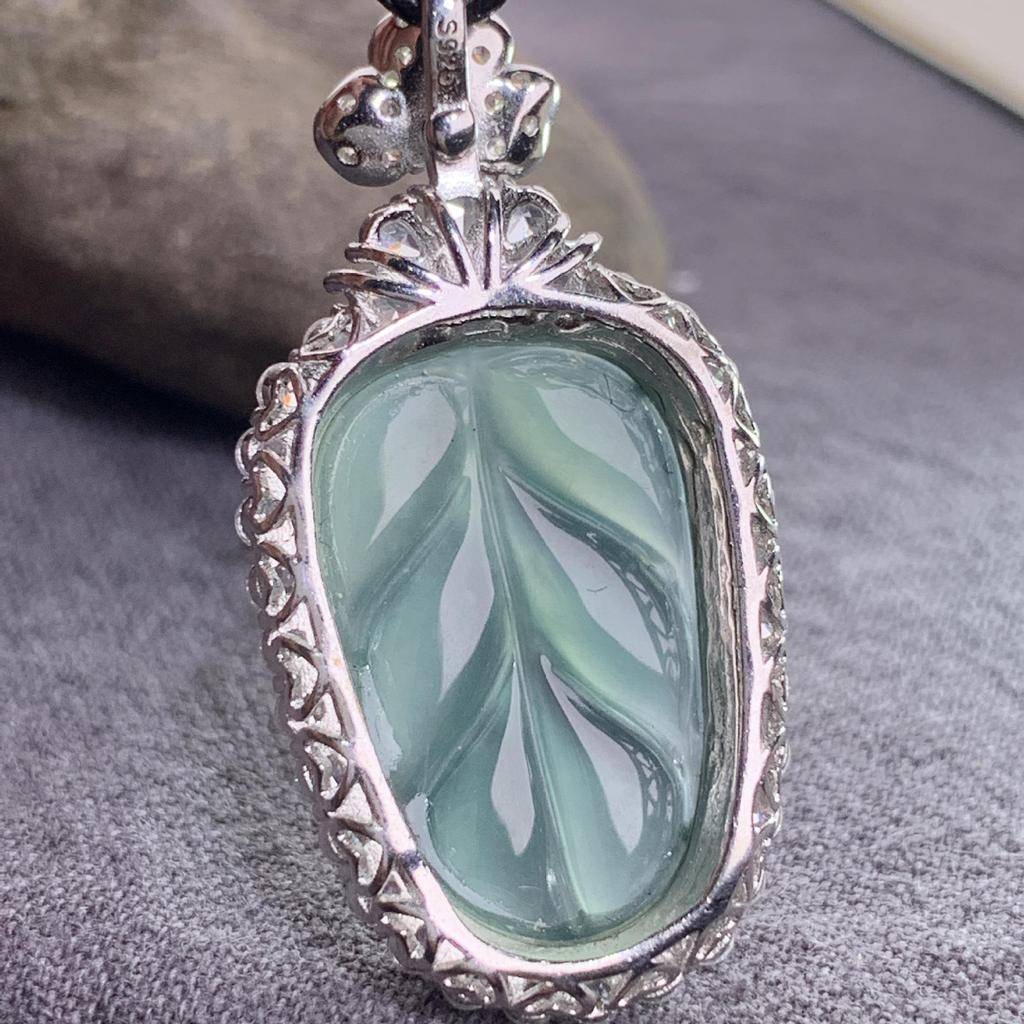 Natural A-Grade Ice Blue Jade Guanyin with 18K Gold-Inlaid 925 Silver and Pavé Rhinestones.
