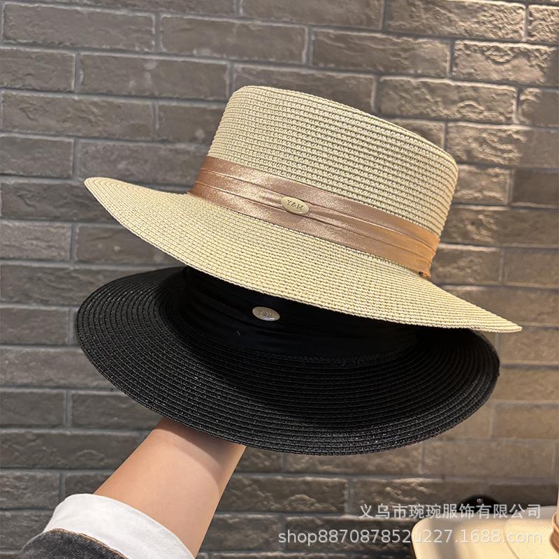 French Elegant Generous Flat Top Flat Brim Straw Hat Women's Spring and Summer Big Brim Sunshade Sun Protection Outdoor Travel Beach Sun Hat