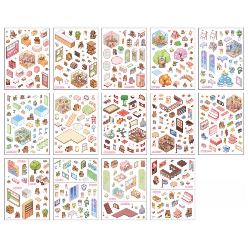 New 3D Landscape Sticker Book PET DIY Miniature Scene Stickers 10 Scenes Cute Capybara Pocket Scene Kit Birthday Gifts