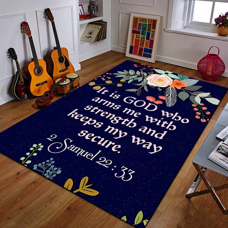 Floral Scripture Design: 2 Samuel 22:33 Patterned carpet a non slip rug suitable for all seasons and any setting, gift
