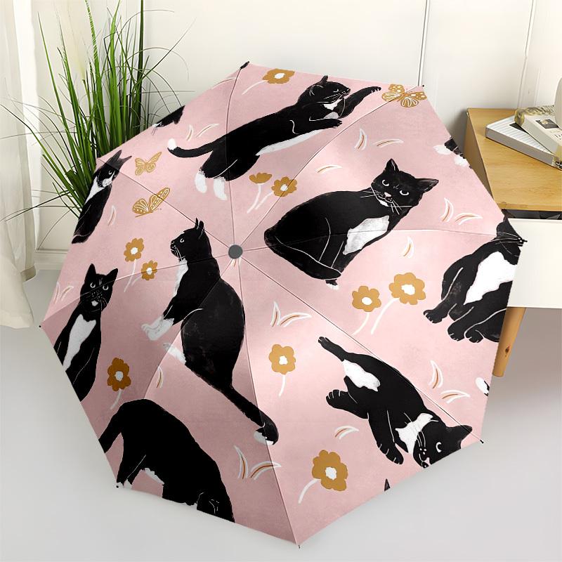1pc Black Cats and Flowers Pattern Umbrella with Plastic Handle,Compact & Stylish,Cartoon Pattern,Outdoor UmbrellaPT322
