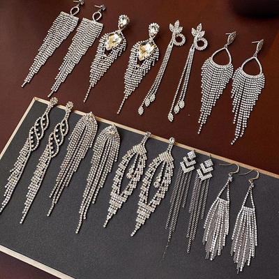 "Elegant Silver Needle Long Tassel Earrings with Diamond and Zircon Accents"