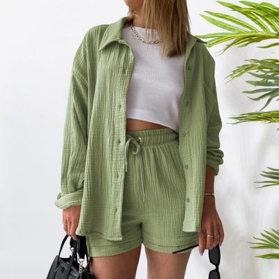 Yousheng Women's Summer 2 Piece Outfits Long Sleeve Button Down Blouse And Drawstring Shorts Sweatsuit Set Casual Cotton Lounge Suit