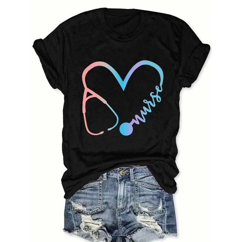 

Women s Plus-Size Round-Neck Short-Sleeve T-Shirt for Women with a Heart Stethoscope Print 4XL чорний