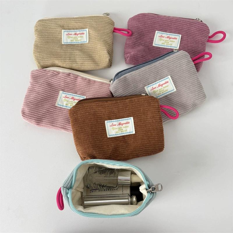 Mini Corduroy Cosmetic Pouch Solid Color with Contrast Zipper Portable Lipstick Makeup Bag Coin Purse for Women