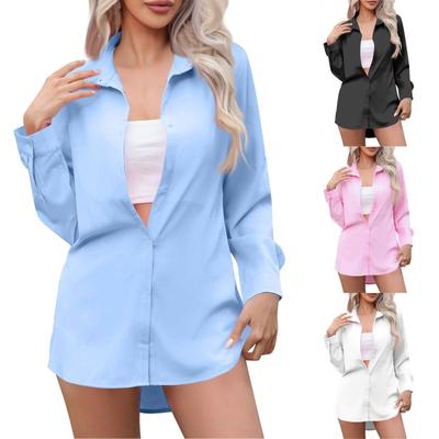 Lässiges, mittellanges Langarmhemd mit einfarbigen Oberteilen für Damen