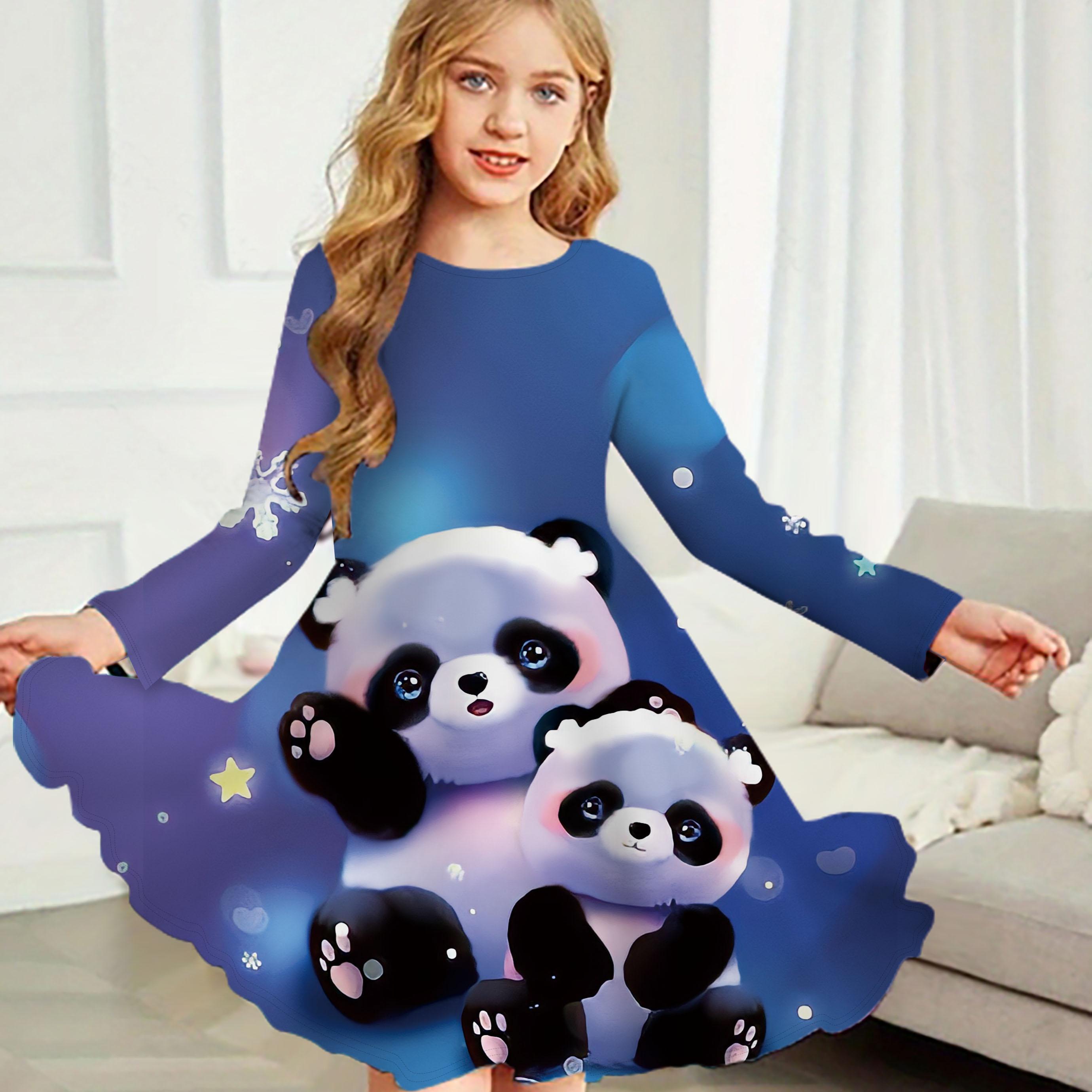 

Повседневное платье для девочек с принтом панды и круглым вырезом, с длинными рукавами, детское платье принцессы 180 светло-синий