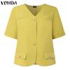 VONDA Women V Neck Short Sleeve Buttons Up Casual Elegant Cropped Blouse