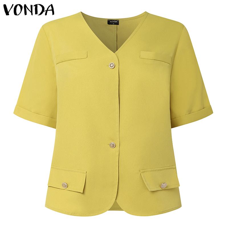 VONDA Women V Neck Short Sleeve Buttons Up Casual Elegant Cropped Blouse