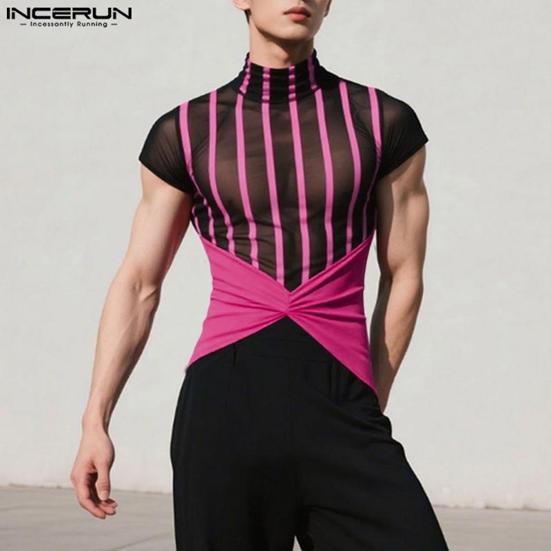 INCERUN Men High Neck Striped Mesh Sheer Stitching Irregular Party Club T-shirts Tops