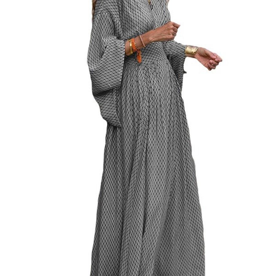 Autumn Style Long Sleeve Loose V-Neck Ruched Waist Maxi Dress for Women