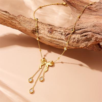 Gold Bow Tie Pendant Drop Necklace for Women
