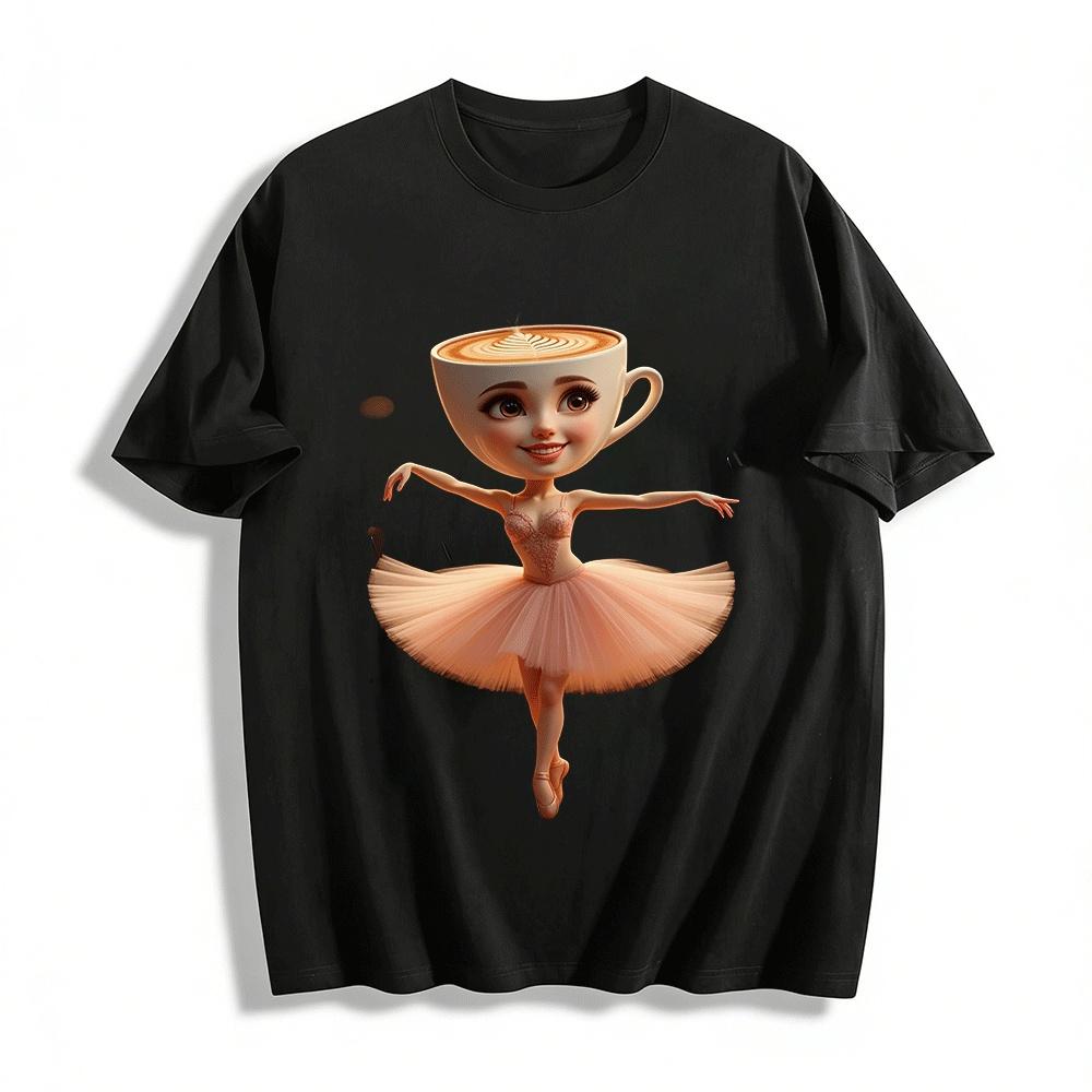 Cute Coffee Cup Ballerina Printed Casual Top For Women Pure cotton T-shirt XXS
