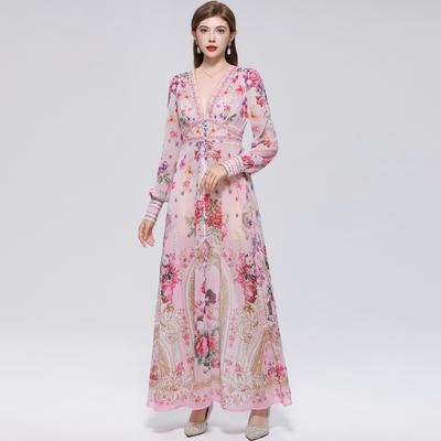 Sommerferien Wunderschönes Blumen Strandkleid Damen Tiefes V-Ausschnitt Langarm Blumendruck Hohe Elastische Taille A-Linie Maxikleid
