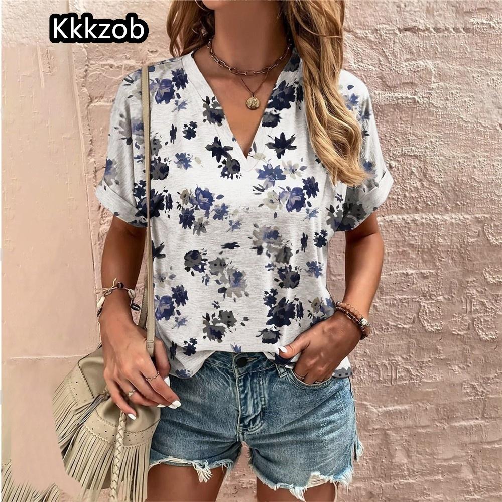Crushed Flower Casual T Shirts Streetwear Casual Woman Topsshort Sleeve V Neck Tshirt Women's Fashions Loose Plus Size Clothing