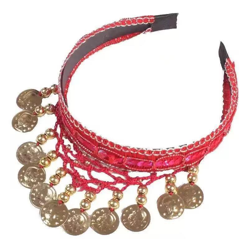 Ethnic Retro Belly Dance Headband With Red Sequin Coin Fringe Personalized Decorative Headpiece For Dance Performances