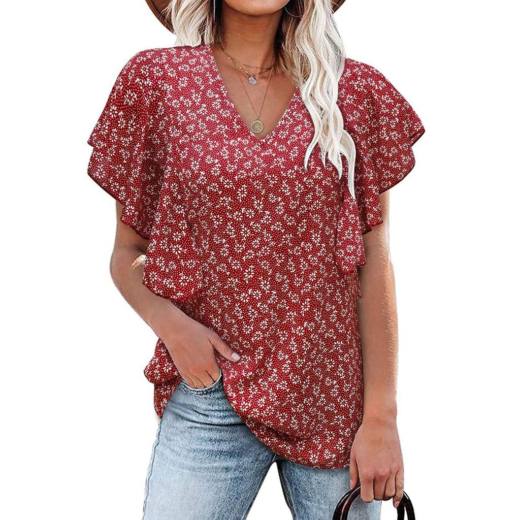Women's Casual V-neck Short Sleeve T-shirt Ruffle Sleeve Loose Top