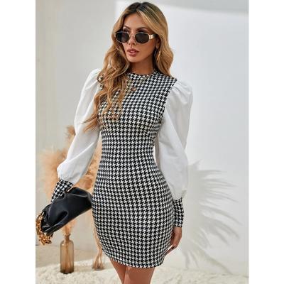 Spring and Autumn Women's Round Neck Thousand Bird Grid Splicing Lantern Sleeve Long Sleeve Hip Wrapping Dress
