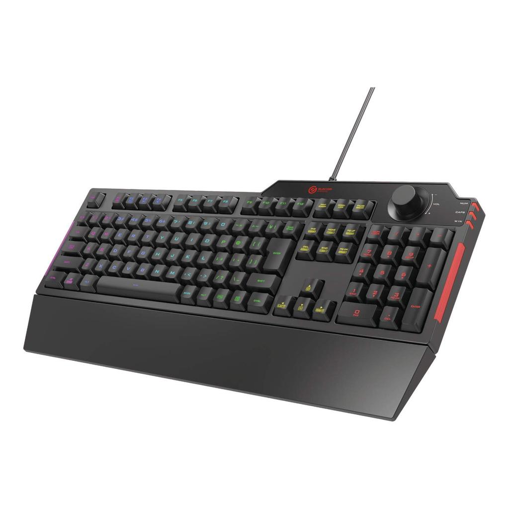 ELECOM TK-G02UMBK Wired Gaming Keyboard with Detachable Wrist Rest, Volume Dial, Membrane, Full Keys, Black