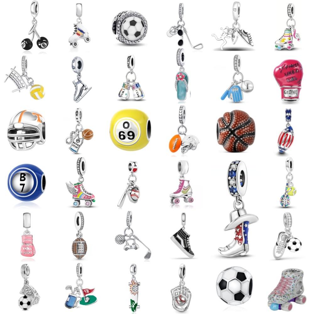 925 Silver Football Beads Roller Skates Baseball Golf Pendant Fit Original Bracelet Accessories DIY Jewelry Women Boxing Charms