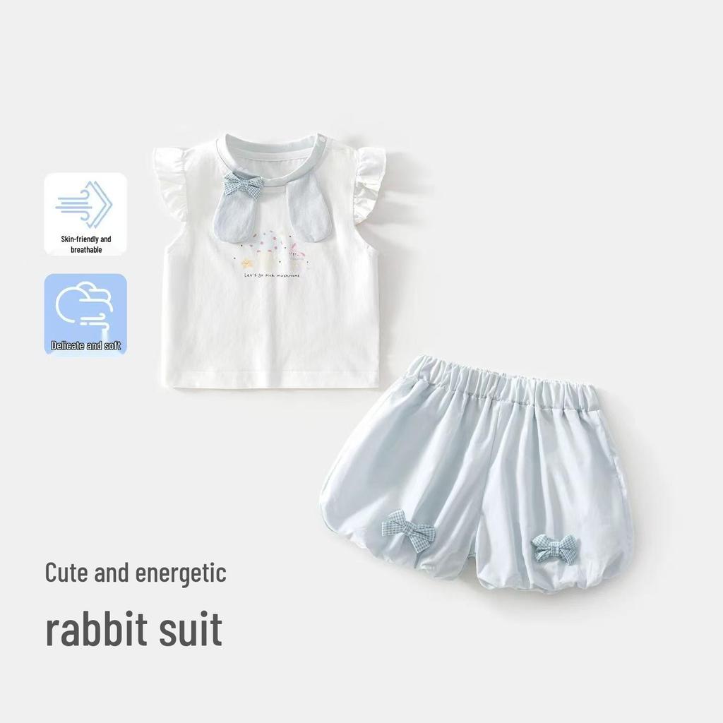 New Arrival: Girls' Cute Rabbit Two-Piece Set - Short Sleeve & Shorts, Breathable Cotton Gauze Summer Outfit