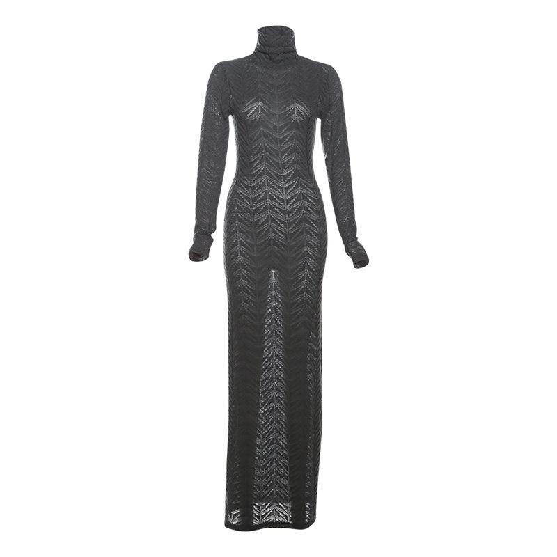 Herbst und Winter Damen Sexy Perspektive Slim-Fit High-Neck Langarm Volltonfarbe Langer Rock Temperament Kleid