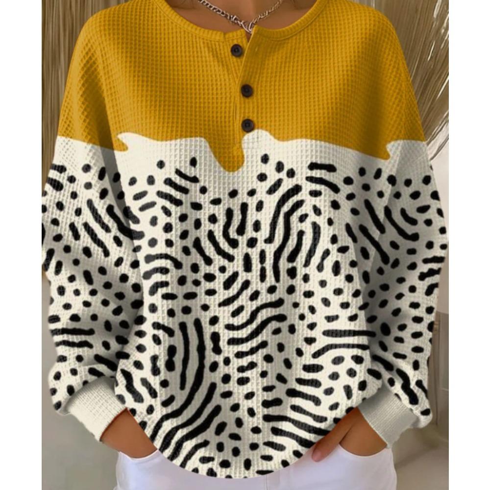 Women's Crew Neck Three‑Button Placket Color‑Block Striped Waffle Knit Loose Long Sleeve Top