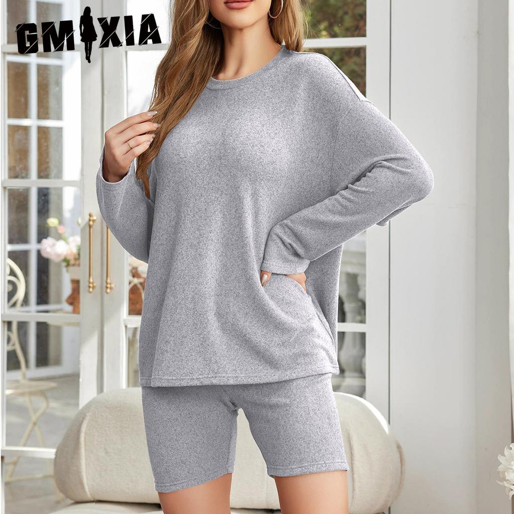 GMXIA Fashion Casual Sportswear Pajamas Women Spring and Autumn Models Solid Colour Long-sleeved Shorts Two-piece Homewear