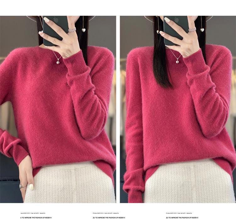 Women's Round Neck Wool Knit Sweater - Simple, Versatile, Long Sleeve Base Layer
