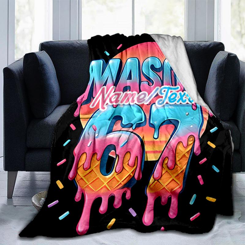 1PC Custom Name Sunny Ice Cream Celebration Flannel Blanket Versatile,all-season Throw Suitable for the Living Room,bedroom,camping,travel,and Gift