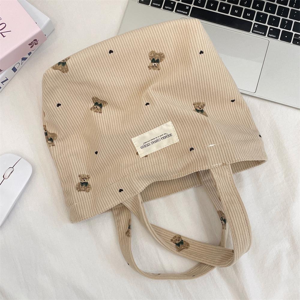 Corduroy Bear Handbag for Women, Outer Carry Bag, Lunch Bag, Student Small Lunch Box