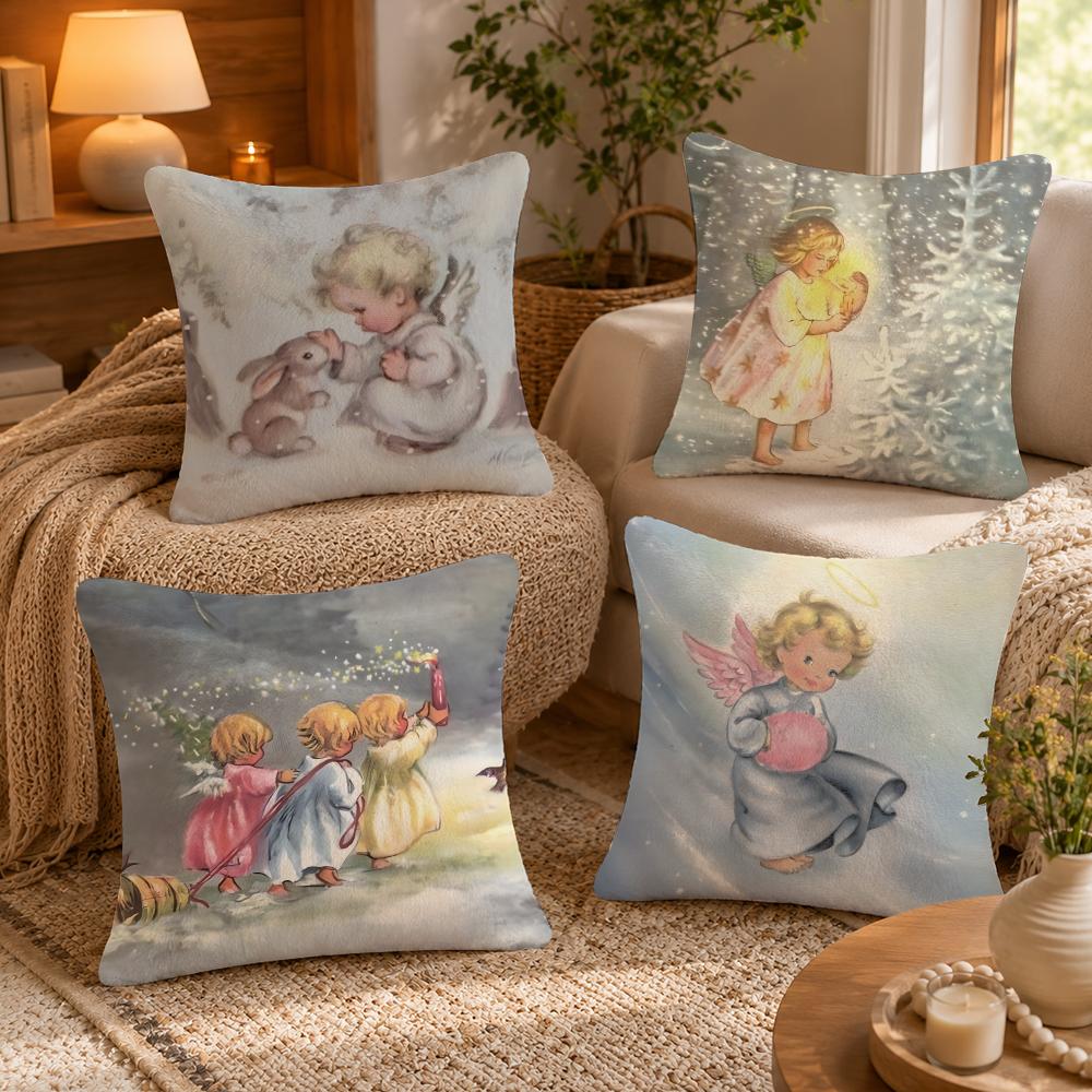vintage little angel Cushion Cover Anti-dustmite Pillowcase Invisible zipper silky short plush Sofa cushion cover