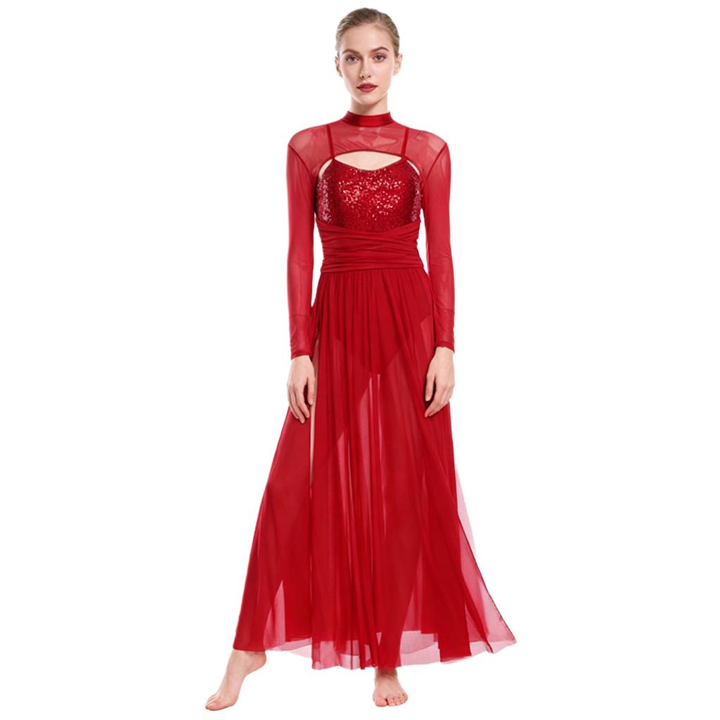 Ladies Sequin Long Sleeve Lyrical Dance Dress Mesh Tulle Flowy Maxi Long Dress Built In Briefs Performance Wear