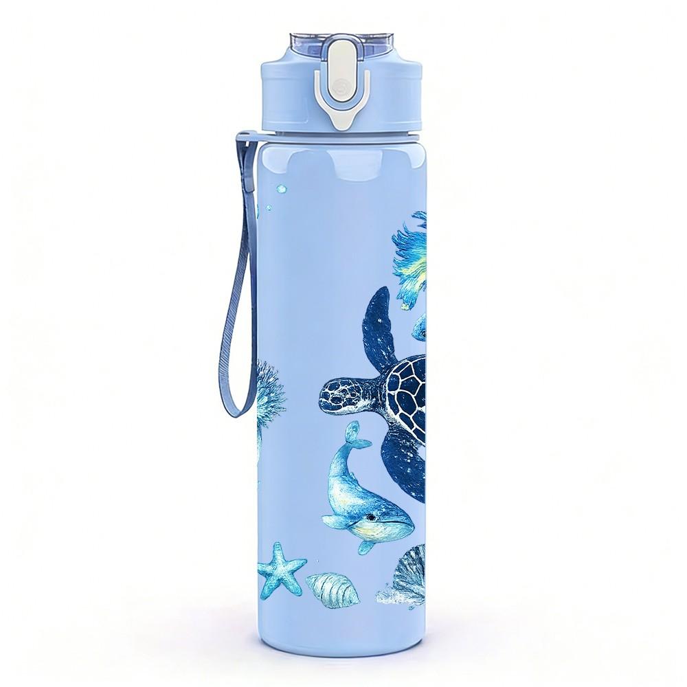 1PC Jellyfish Turtle Ocean Animal Print 750ml Color Plastic Sports Water Bottle Leakproof Flip Straw Lid Suitable for Sports Office Home Use