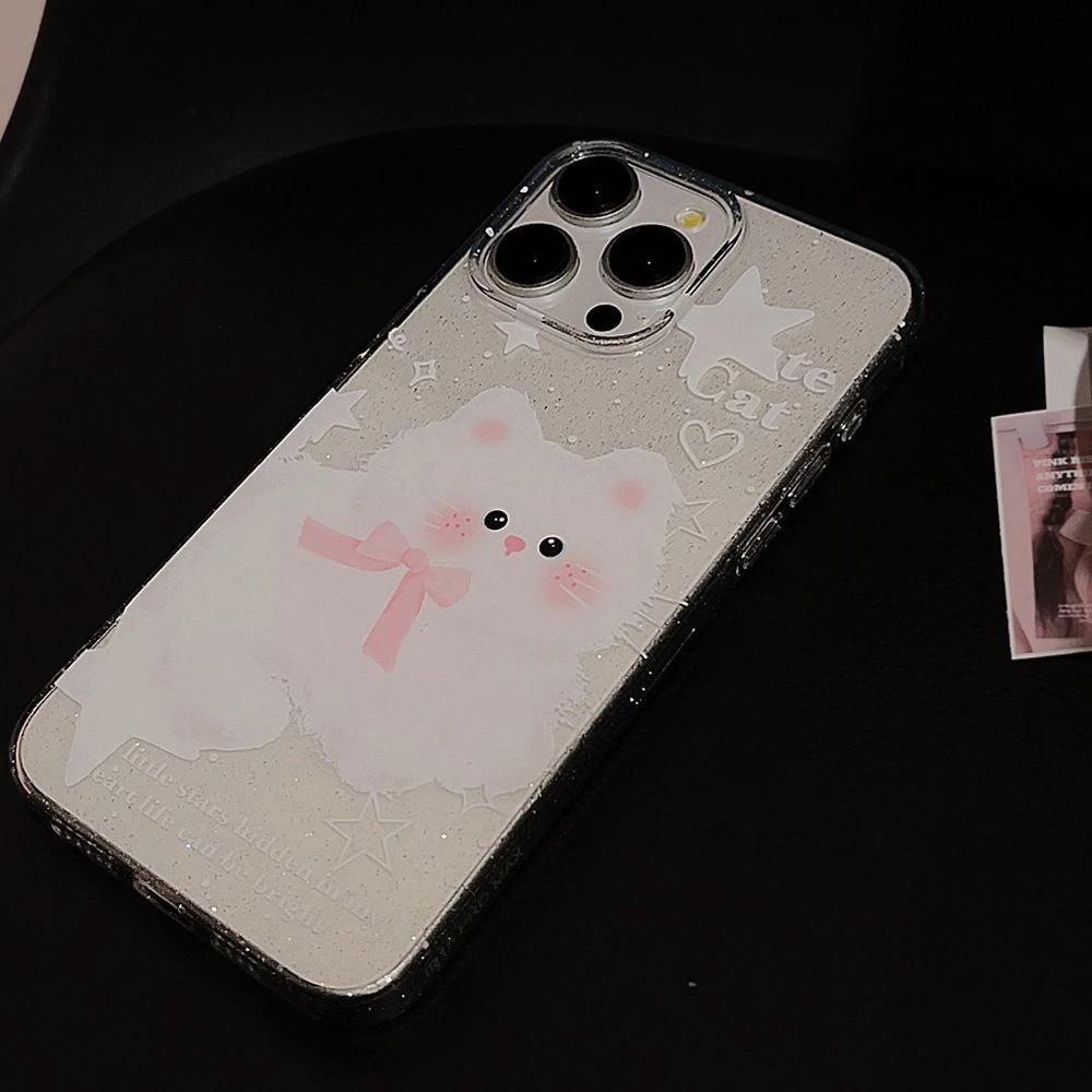 Ins Little White Cat Is Suitable for Apple 17/16promax Mobile Phone Case iPhone15 Glitter 13 Cute 12 Soft Case 14